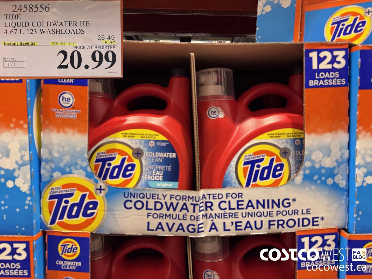 2458556 TIDE LIQUID COLDWATER HE 4.67 L 123 WASHLOADS ($5.50 INSTANT SAVINGS EXPIRES ON 2024-12-22) $20.99