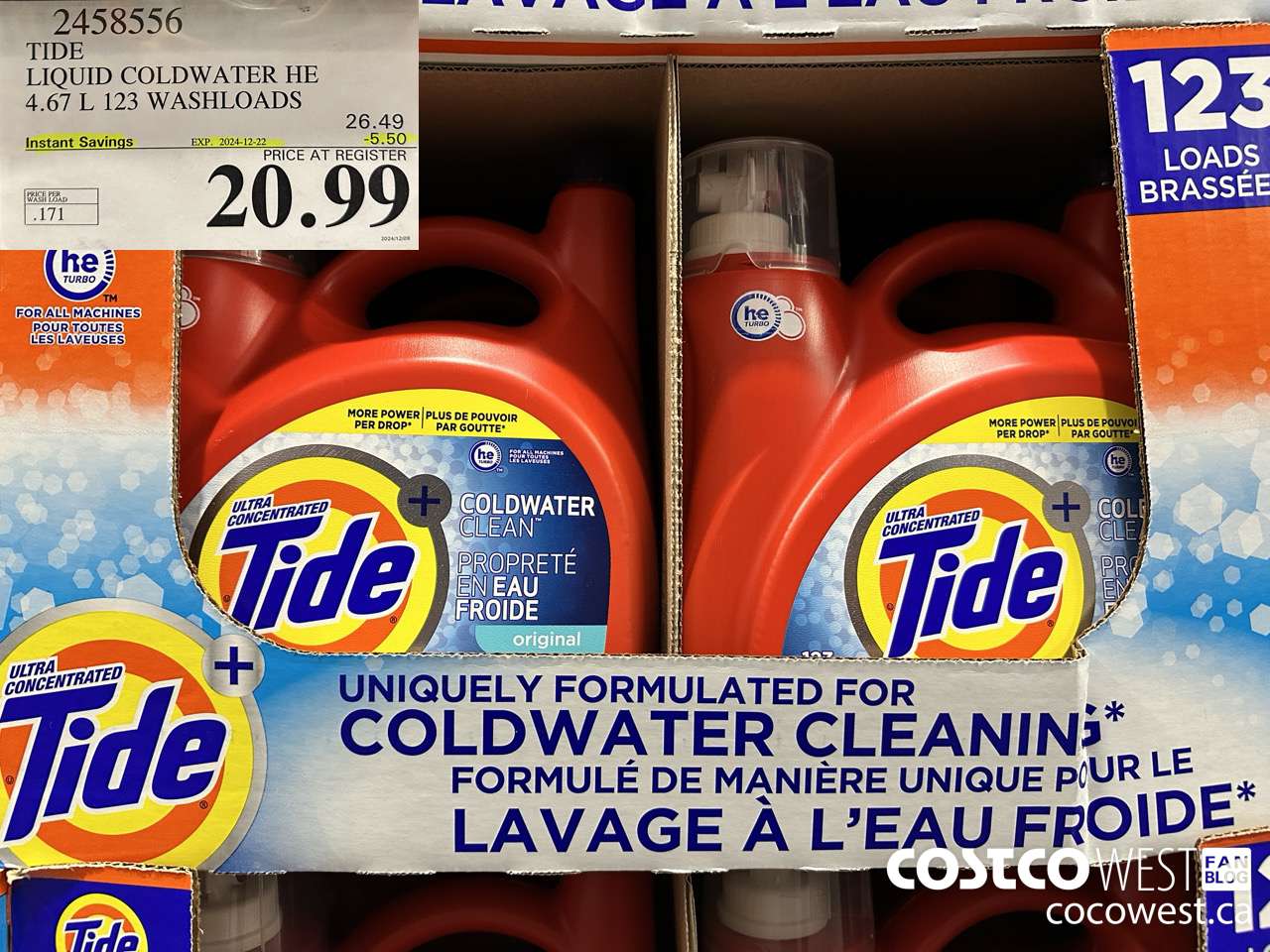 2458556 TIDE LIQUID COLDWATER HE 4.67 L 123 WASHLOADS ($5.50 INSTANT SAVINGS EXPIRES ON 2024-12-22) $20.99