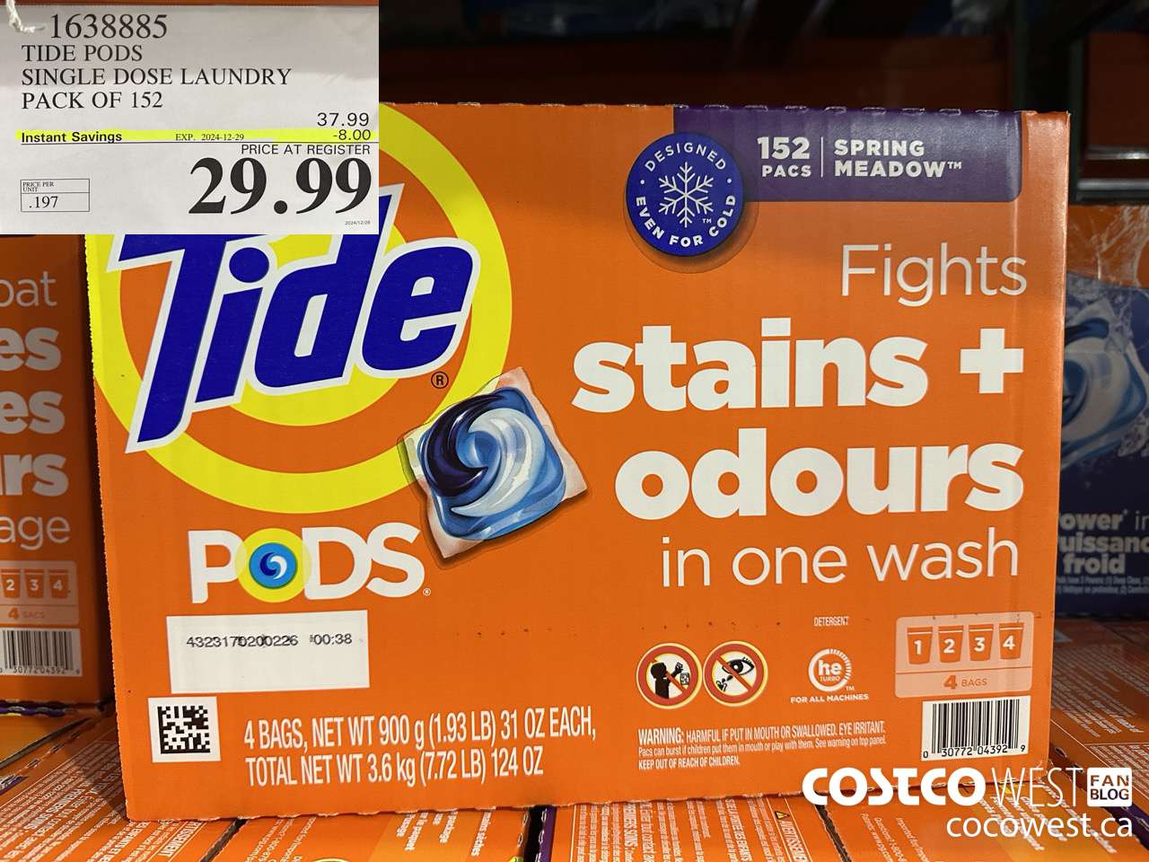 1638885 TIDE PODS SINGLE DOSE LAUNDRY 152 PACS ($8.00 INSTANT SAVINGS EXPIRES ON 2024-12-29) $29.99