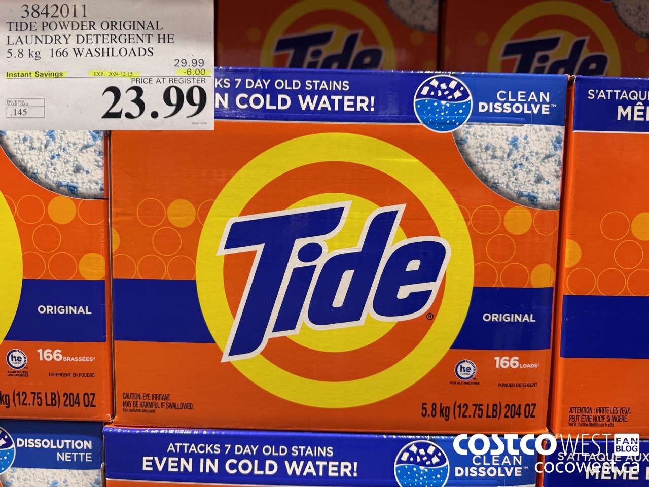 3842011 TIDE POWDER ORIGINAL LAUNDRY DETERGENT HE 5.8KG 166 WASHLOADS ($6.00 INSTANT SAVINGS EXPIRES ON 2024-12-15) $23.99