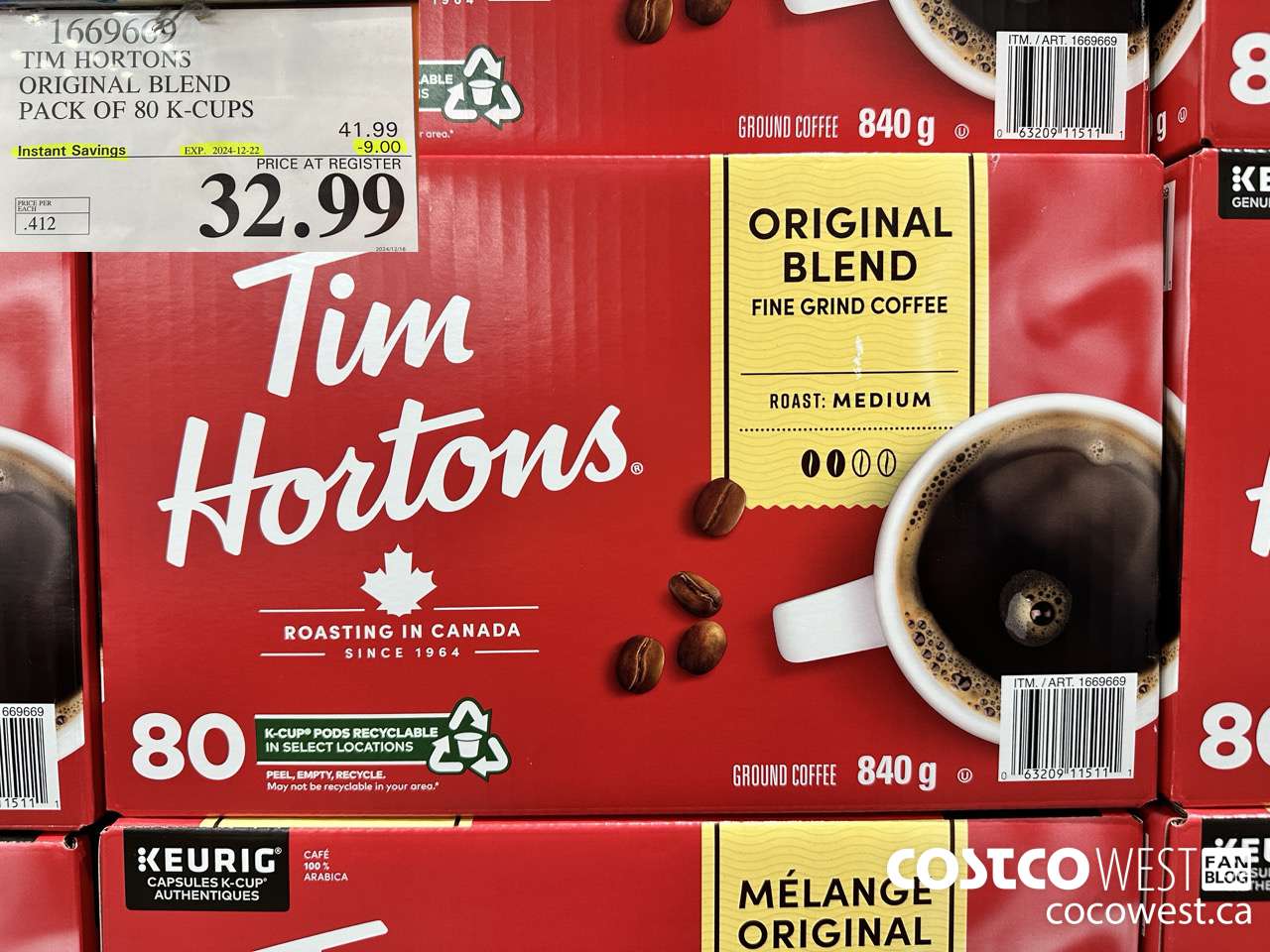 1669669 TIM HORTONS ORIGINAL BLEND K-CUPS 80 COUNT ($9.00 INSTANT SAVINGS EXPIRES ON 2024-12-22) $32.99