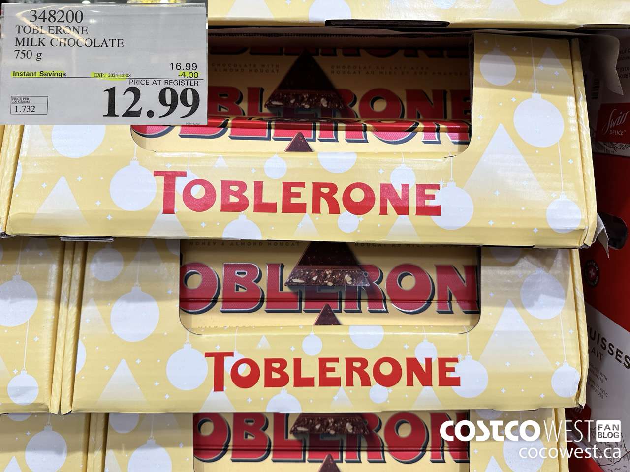348200 TOBLERONE MILK CHOCOLATE 750 G ($4.00 INSTANT SAVINGS EXPIRES ON 2024-12-08) $12.99