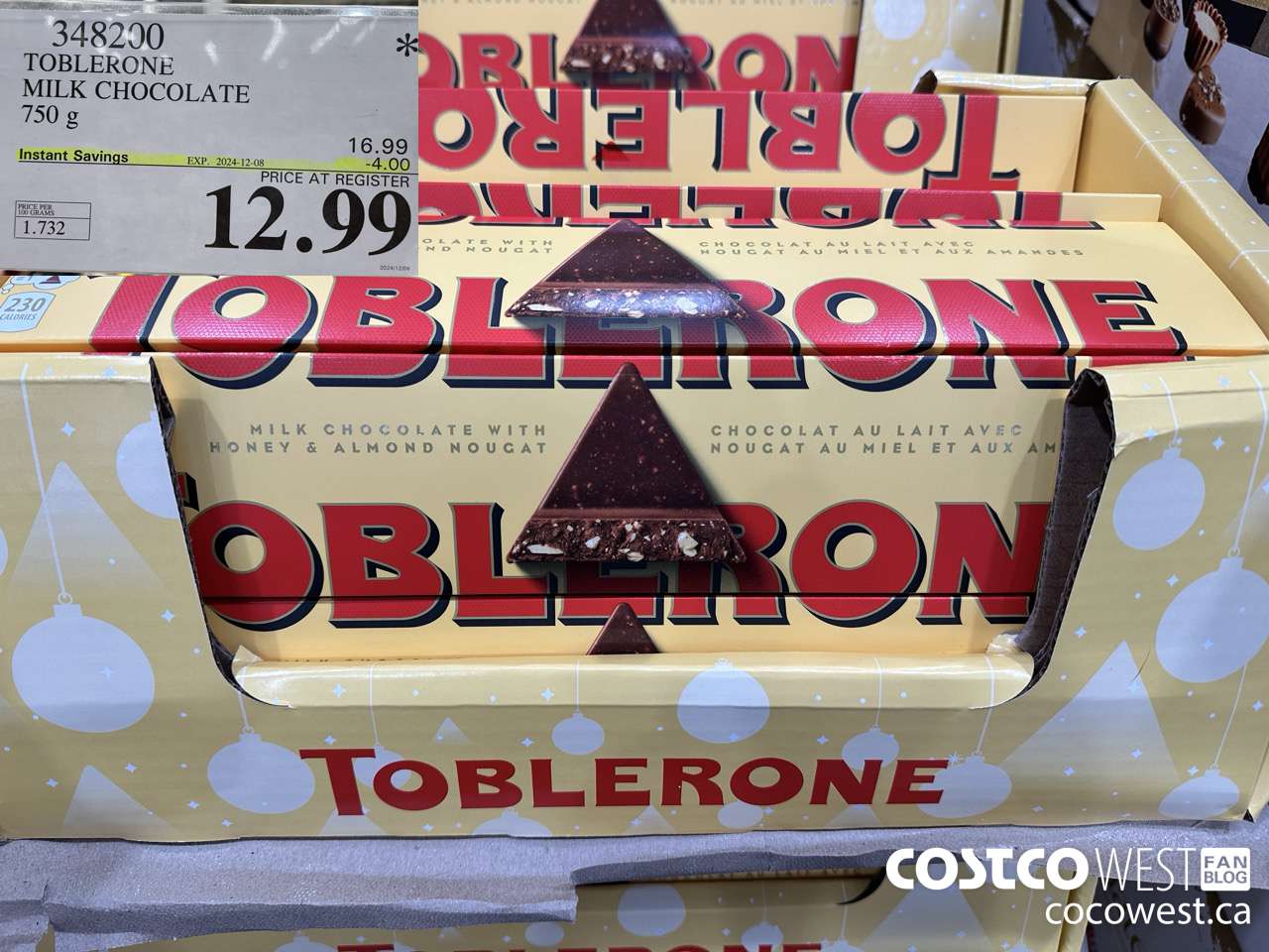 348200 TOBLERONE MILK CHOCOLATE 750 G ($4.00 INSTANT SAVINGS EXPIRES ON 2024-12-08) $12.99