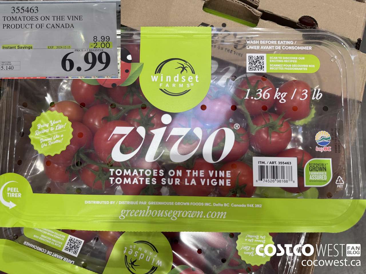 355463 TOMATOES ON THE VINE PRODUCT OF CANADA ($2.00 INSTANT SAVINGS EXPIRES ON 2024-12-15) $6.99