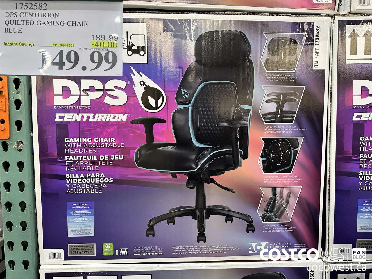 1752582 TRUE INNOVATIONS QUILTED GAMING CHAIR BLUE ($40.00 INSTANT SAVINGS EXPIRES ON 2024-12-22) $149.99