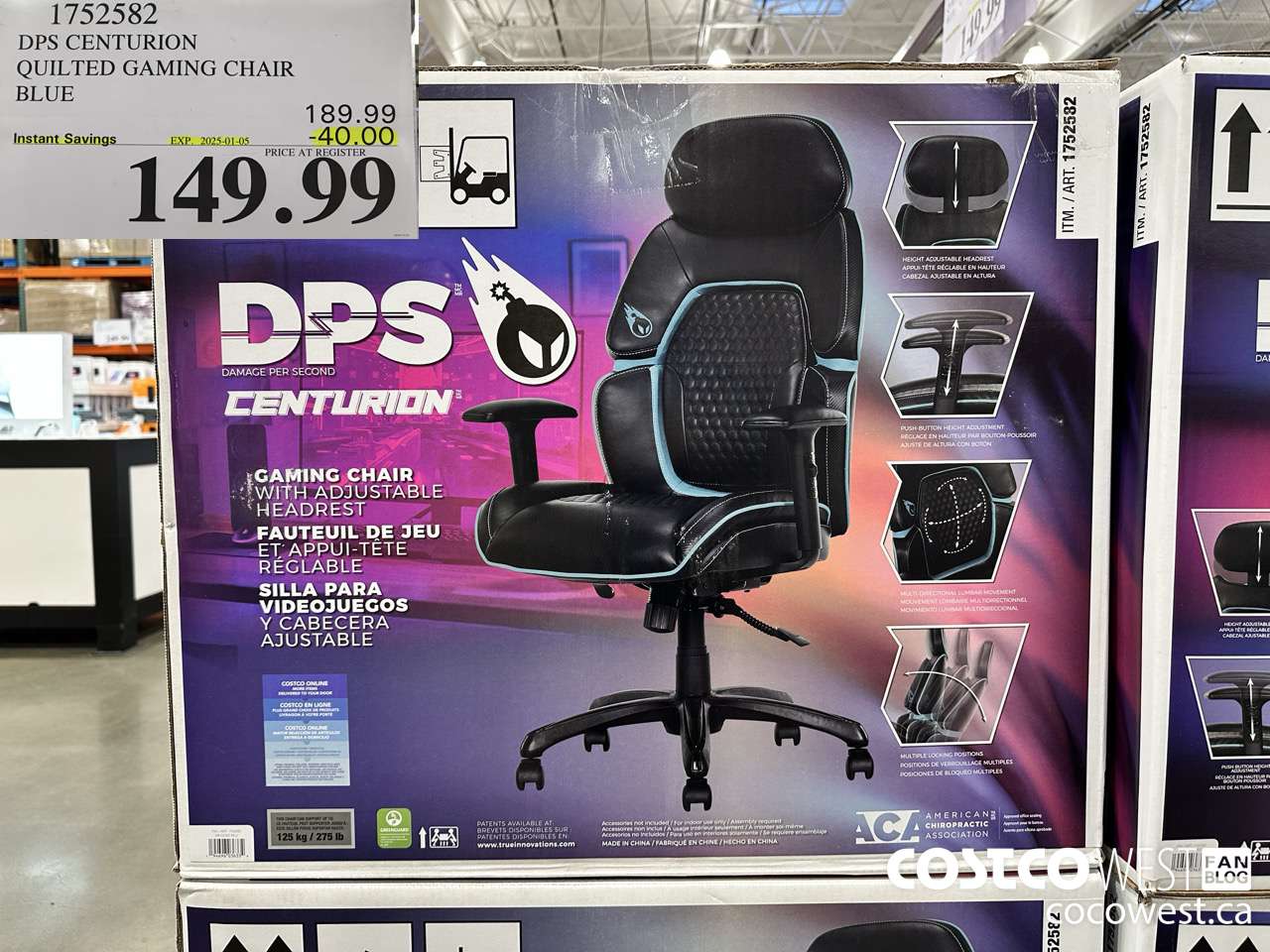 1752582 TRUE INNOVATIONS QUILTED GAMING CHAIR BLUE ($40.00 INSTANT SAVINGS EXPIRES ON 2025-01-05) $149.99