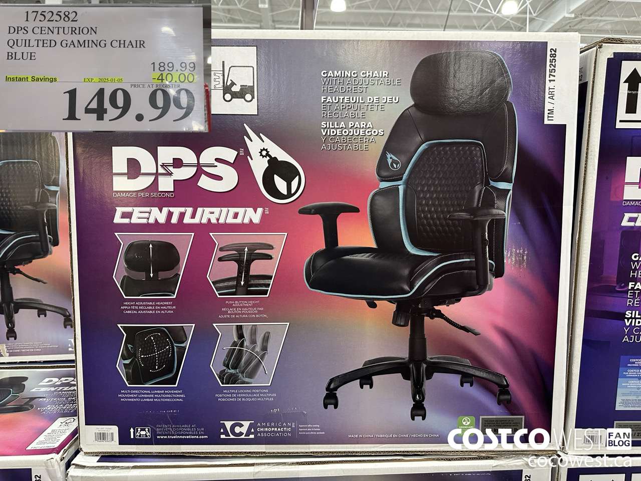 1752582 TRUE INNOVATIONS QUILTED GAMING CHAIR BLUE ($40.00 INSTANT SAVINGS EXPIRES ON 2025-01-05) $149.99