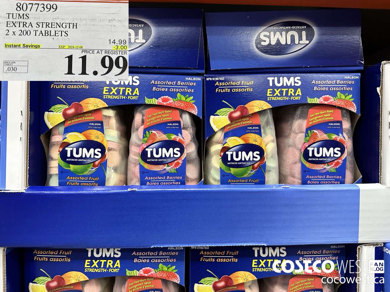 8077399 TUMS EXTRA STRENGTH 2 X 200 TABLETS ($3.00 INSTANT SAVINGS EXPIRES ON 2024-12-08) $11.99
