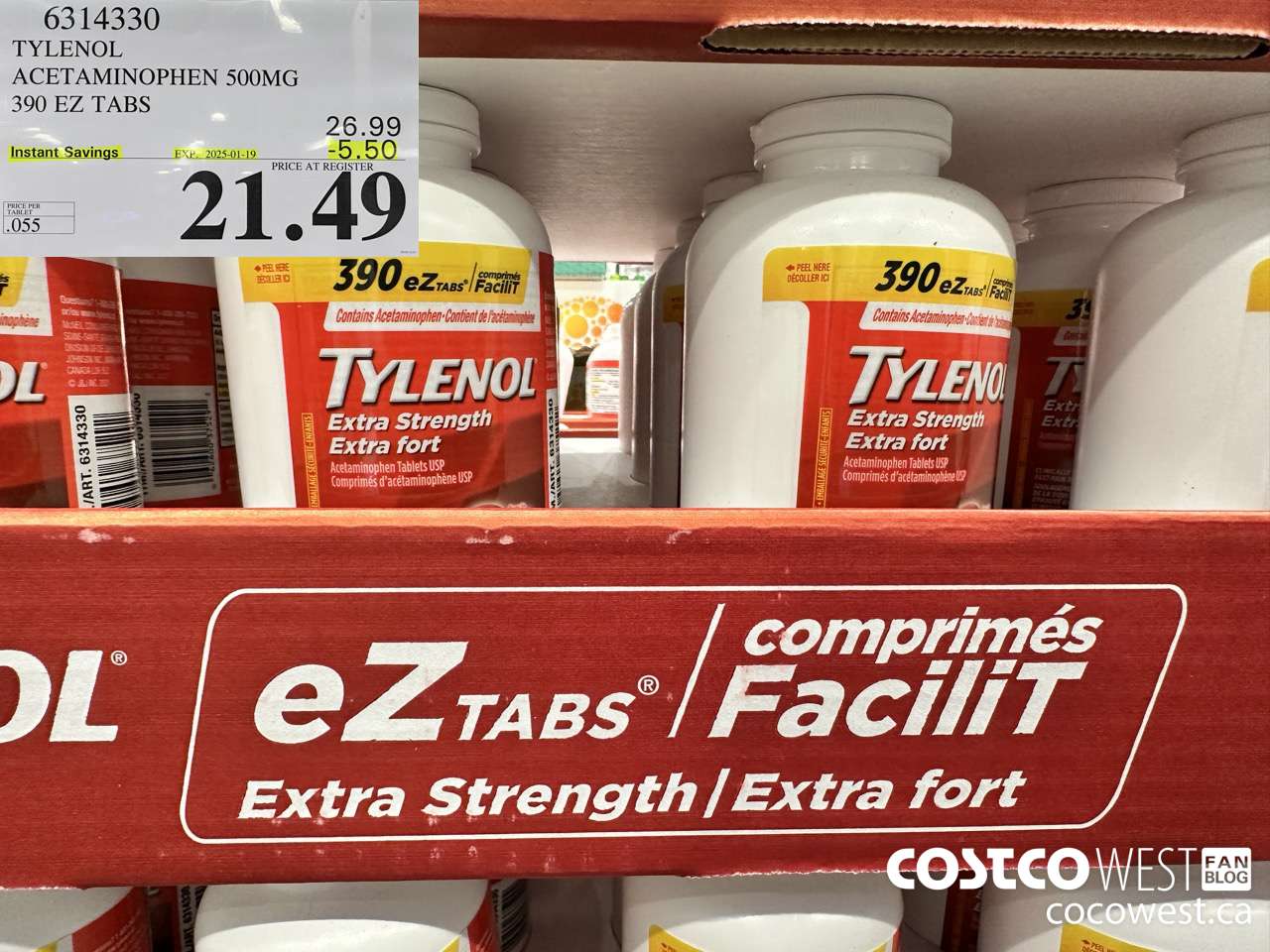 6314330 TYLENOL ACETAMINOPHEN 500MG 390 EZ TABS ($5.50 INSTANT SAVINGS EXPIRES ON 2025-01-19) $21.49