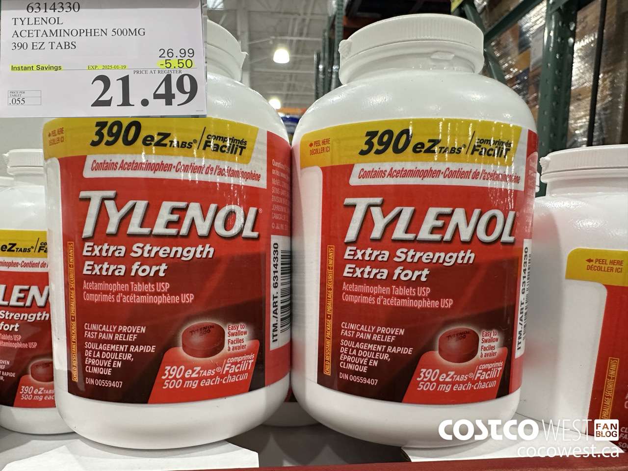 6314330 TYLENOL ACETAMINOPHEN 500MG 390 EZ TABS ($5.50 INSTANT SAVINGS EXPIRES ON 2025-01-19) $21.49