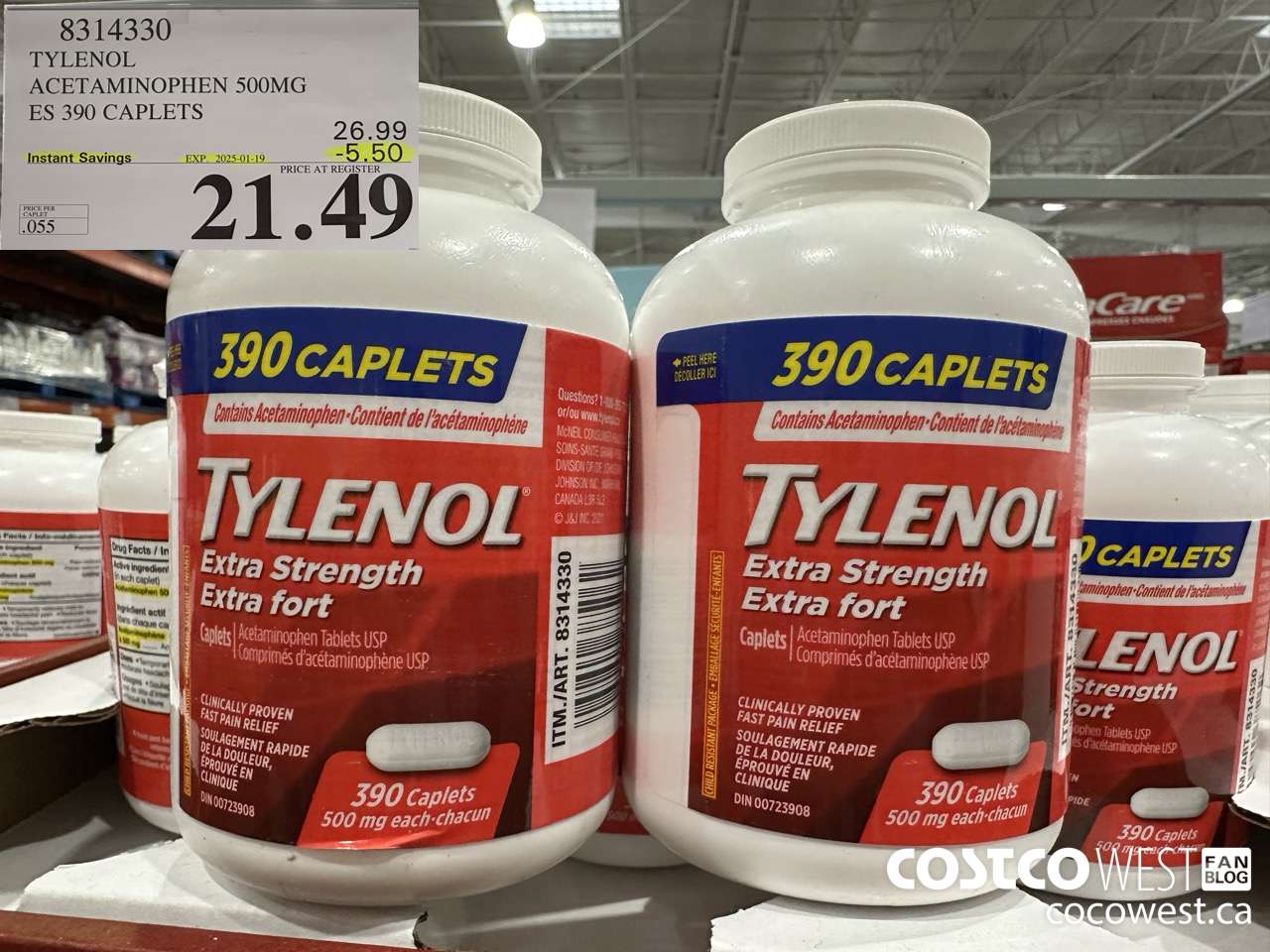 8314330 TYLENOL ACETAMINOPHEN 500MG ES 390 CAPLETS ($5.50 INSTANT SAVINGS EXPIRES ON 2025-01-19) $21.49