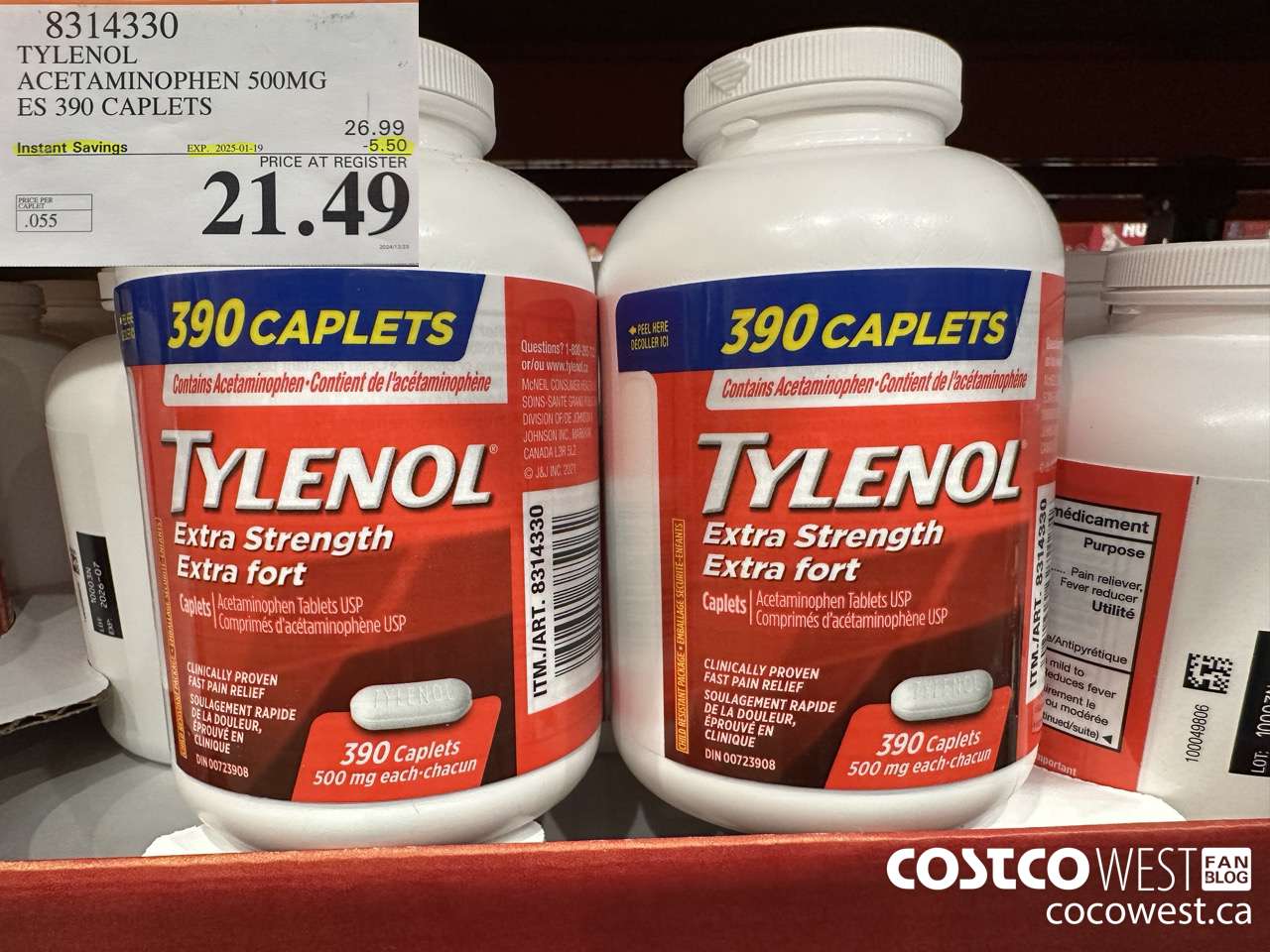 8314330 TYLENOL ACETAMINOPHEN 500MG ES 390 CAPLETS ($5.50 INSTANT SAVINGS EXPIRES ON 2025-01-19) $21.49