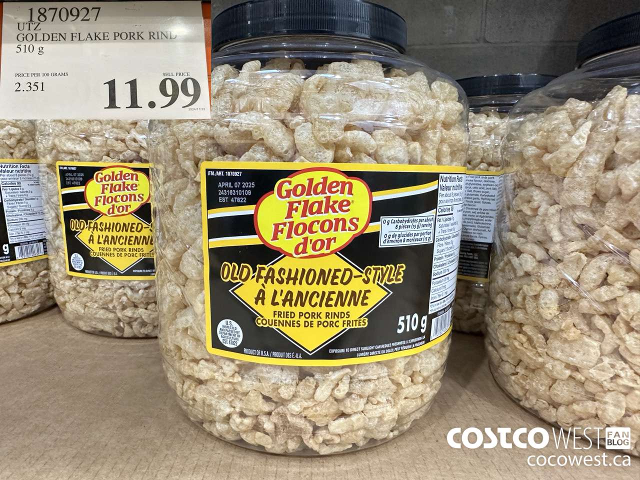 1870927 UTZ GOLDEN FLAKE PORK RIND 510G $11.99