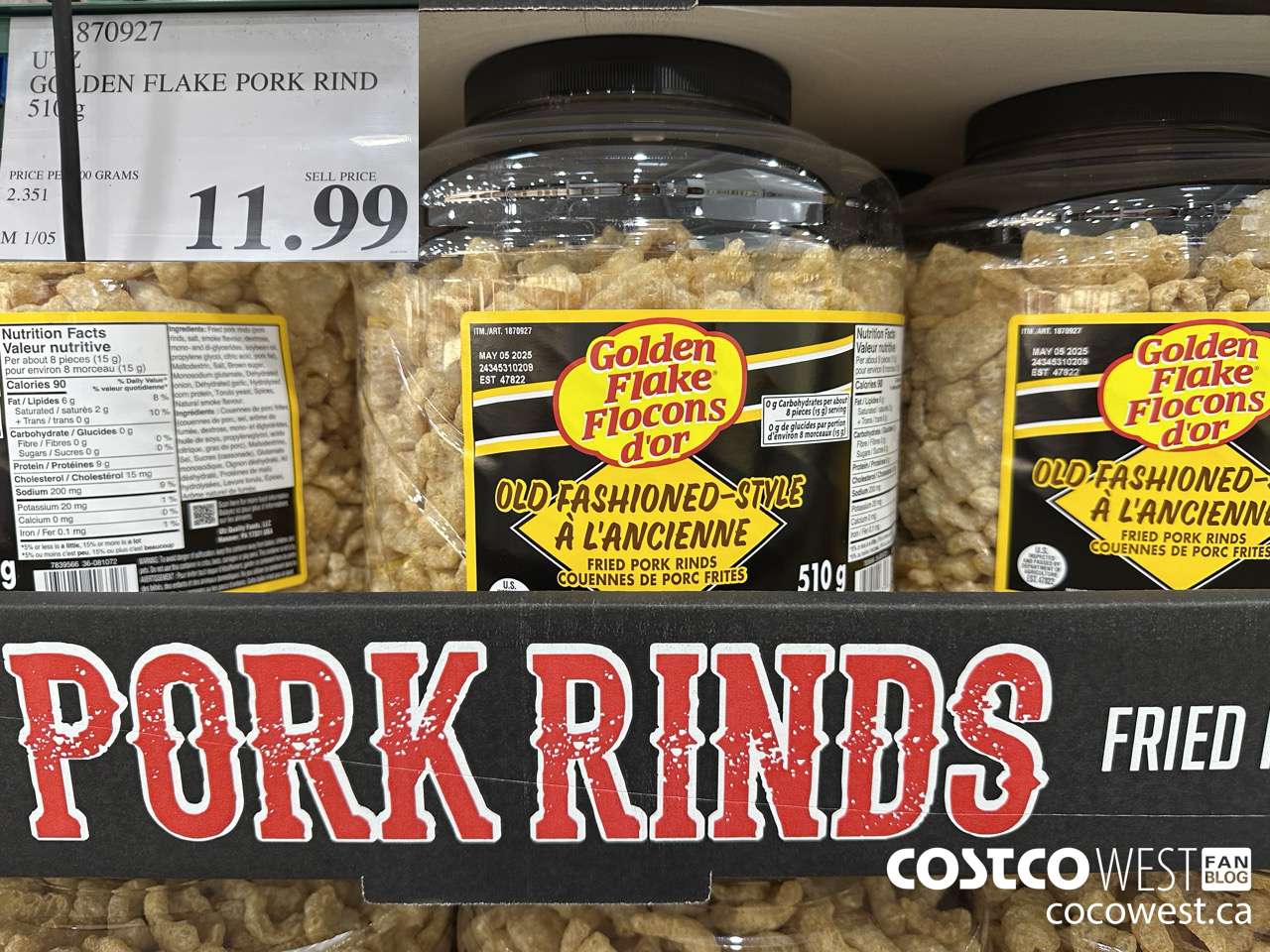 1870927 UTZ GOLDEN FLAKE PORK RIND 510G $11.99
