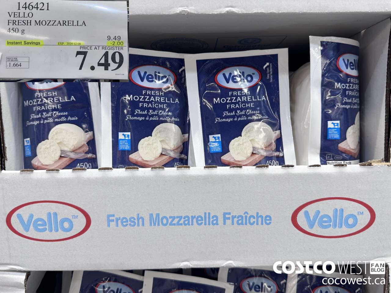 146421 VELLO FRESH MOZZARELLA 450 G ($2.00 INSTANT SAVINGS EXPIRES ON 2024-12-08) $7.49