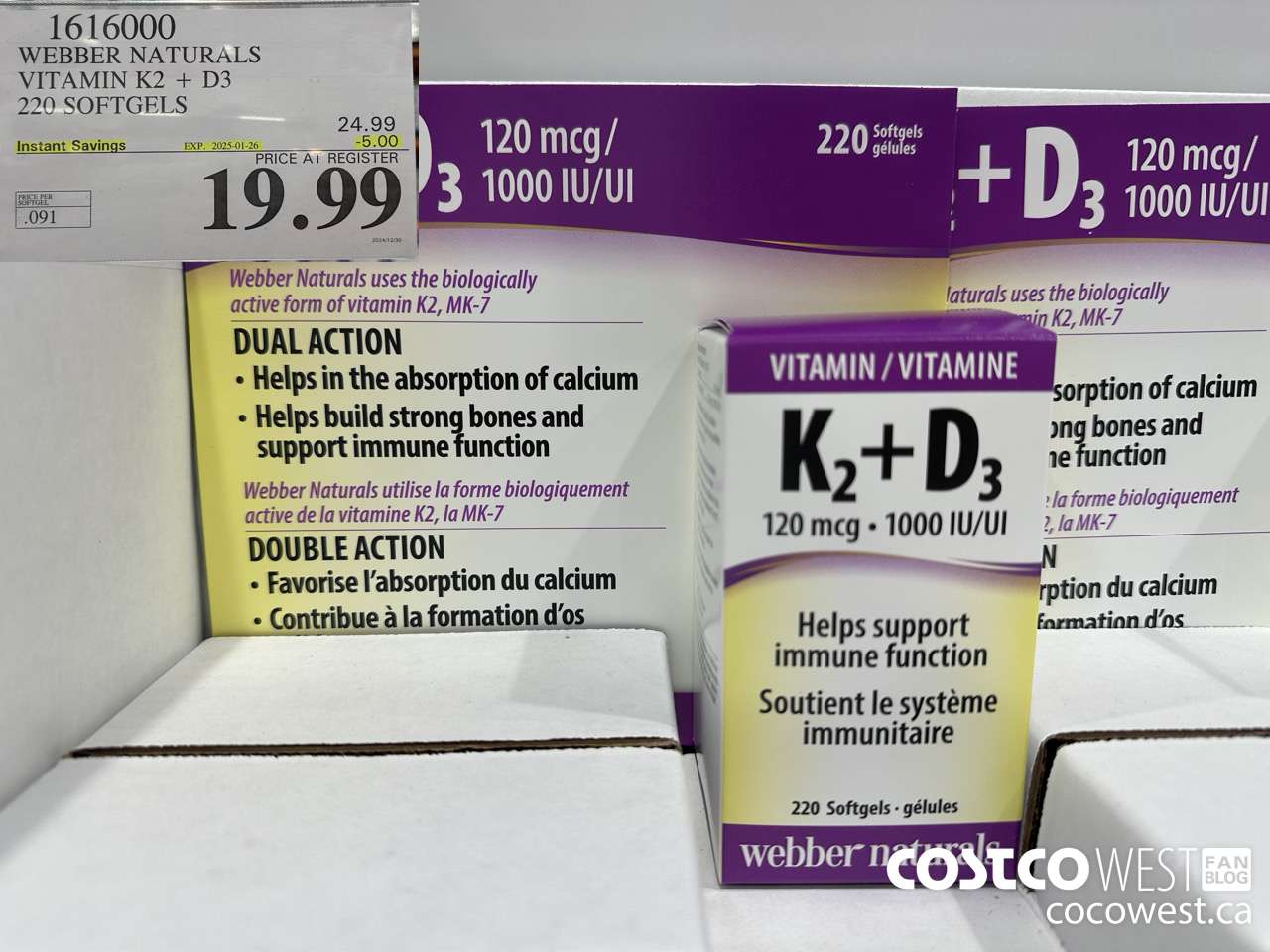 1616000 WEBBER NATURALS VITAMIN K2+D3 220 SOFTGELS ($5.00 INSTANT SAVINGS EXPIRES ON 2025-01-26) $19.99
