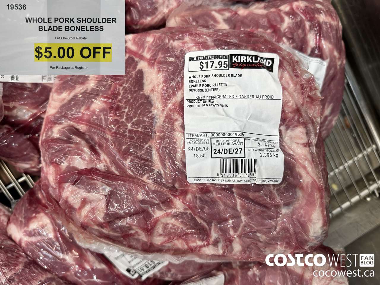 19536 WHOLE PORK SHOULDER BLADE BONELESS ($5.00 INSTANT SAVINGS)