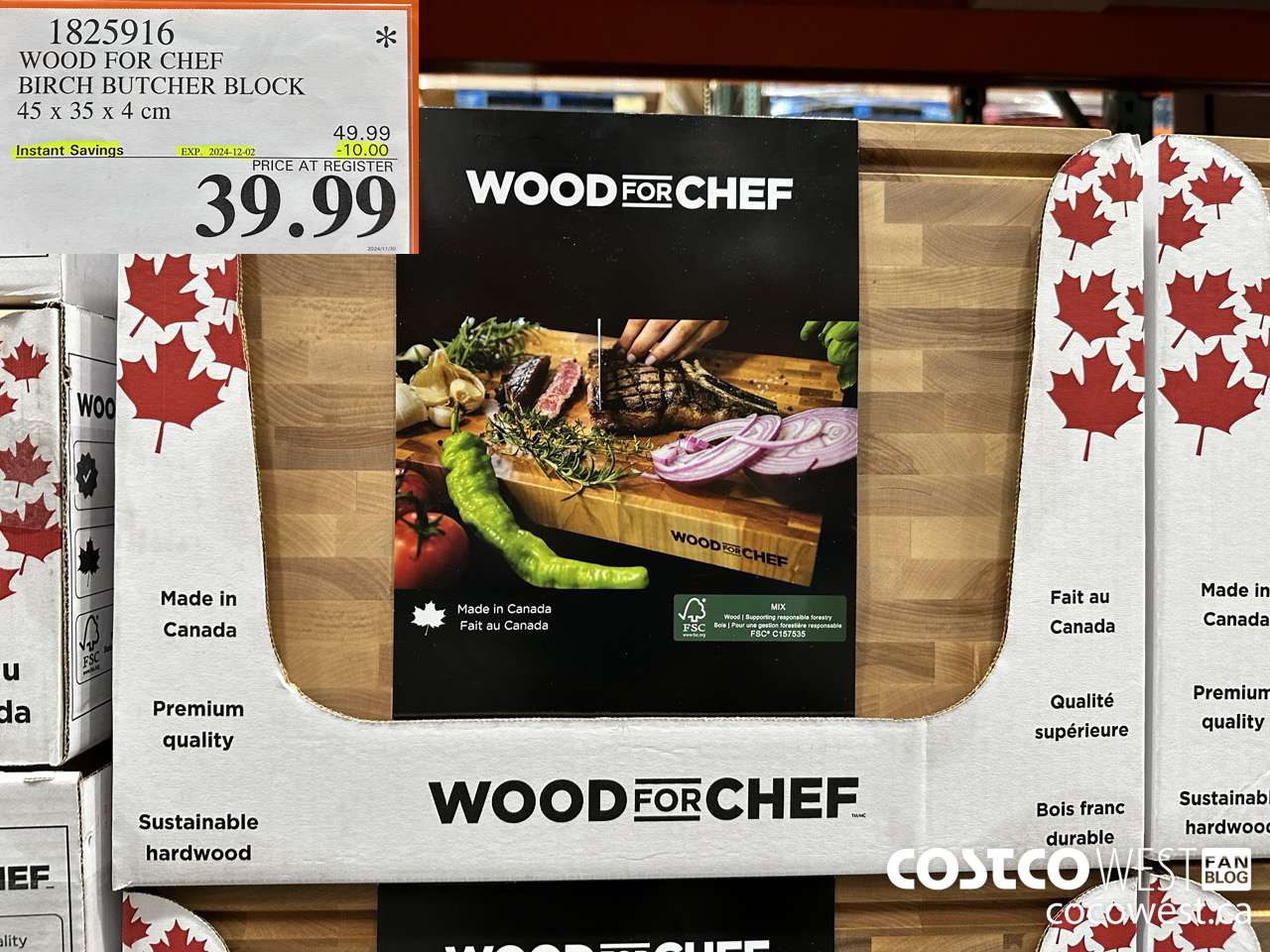 1825916 WOOD FOR CHEF BIRCH BUTCHER BLOCK 45 X 35 X 4 CM ($10.00 INSTANT SAVINGS EXPIRES ON 2024-12-02) $39.99