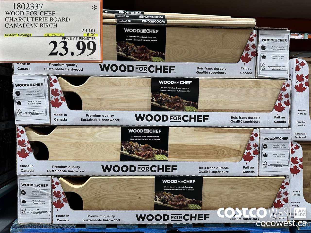 1802337 WOOD FOR CHEF CHARCUTERIE BOARD FSC CANADIAN BIRCH ($6.00 INSTANT SAVINGS EXPIRES ON 2024-12-02) $23.99