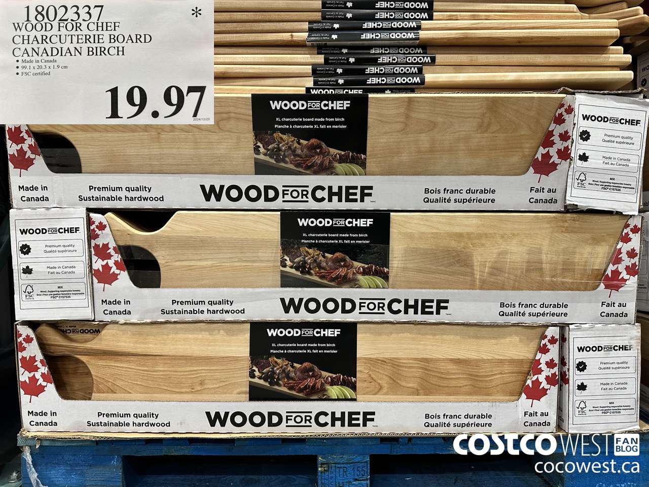 1802337 WOOD FOR CHEF CHARCUTERIE BOARD FSC CANADIAN BIRCH $19.97