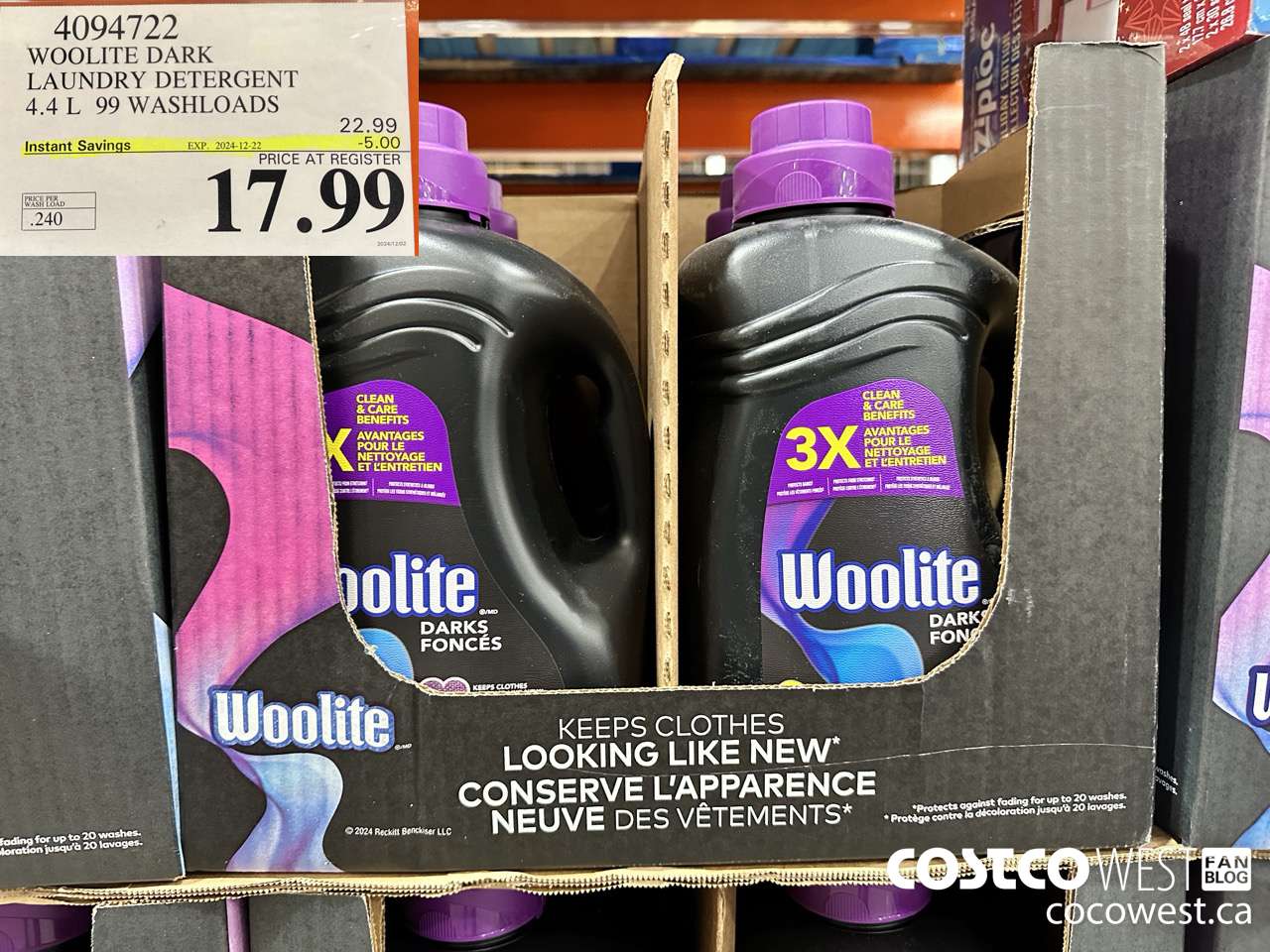 4094722 WOOLITE DARK LAUNDRY DETERGENT 4.4L 99 WASHLOADS ($5.00 INSTANT SAVINGS EXPIRES ON 2024-12-22) $17.99