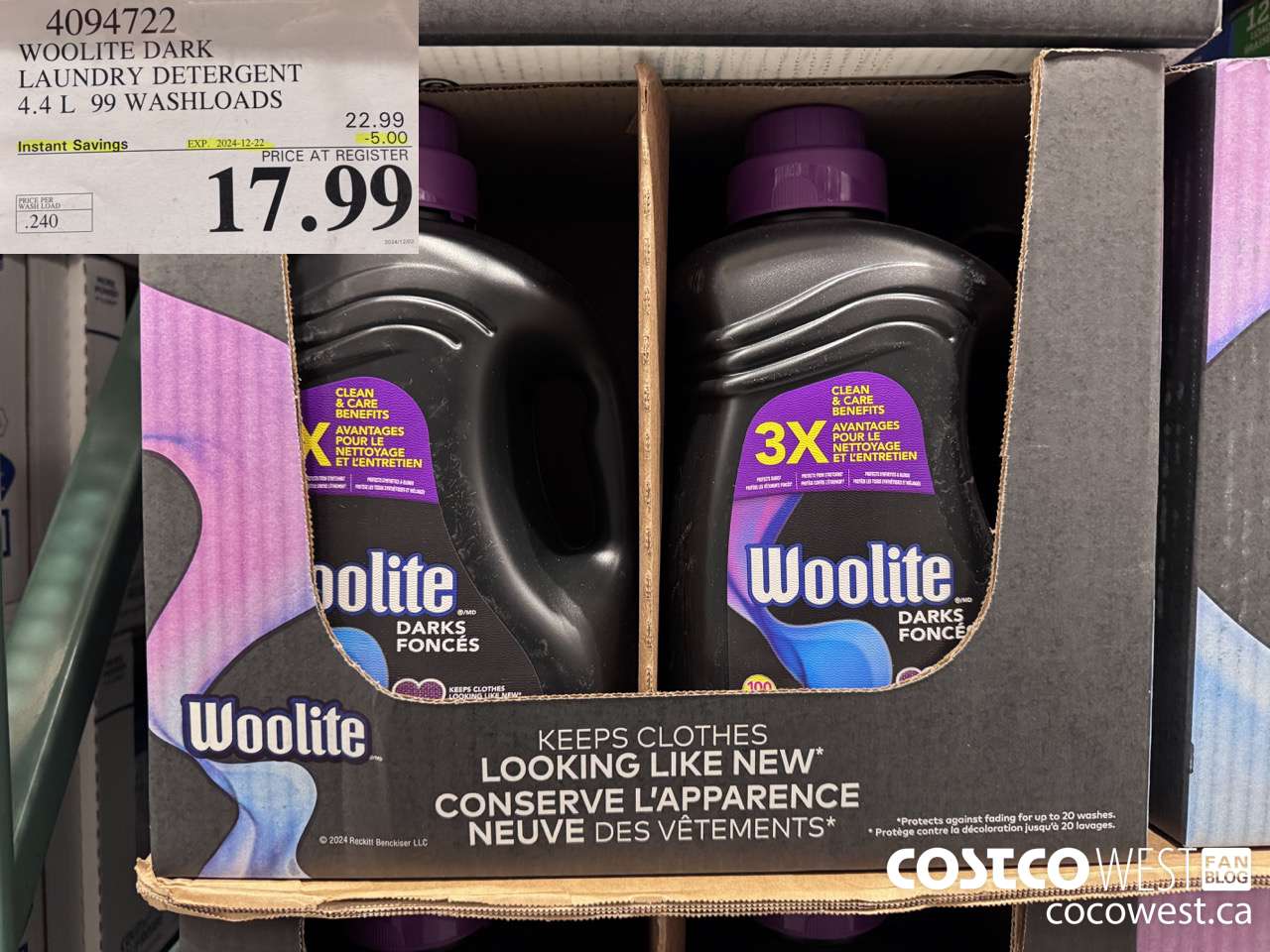 4094722 WOOLITE DARK LAUNDRY DETERGENT 4.4L 99 WASHLOADS ($5.00 INSTANT SAVINGS EXPIRES ON 2024-12-22) $17.99