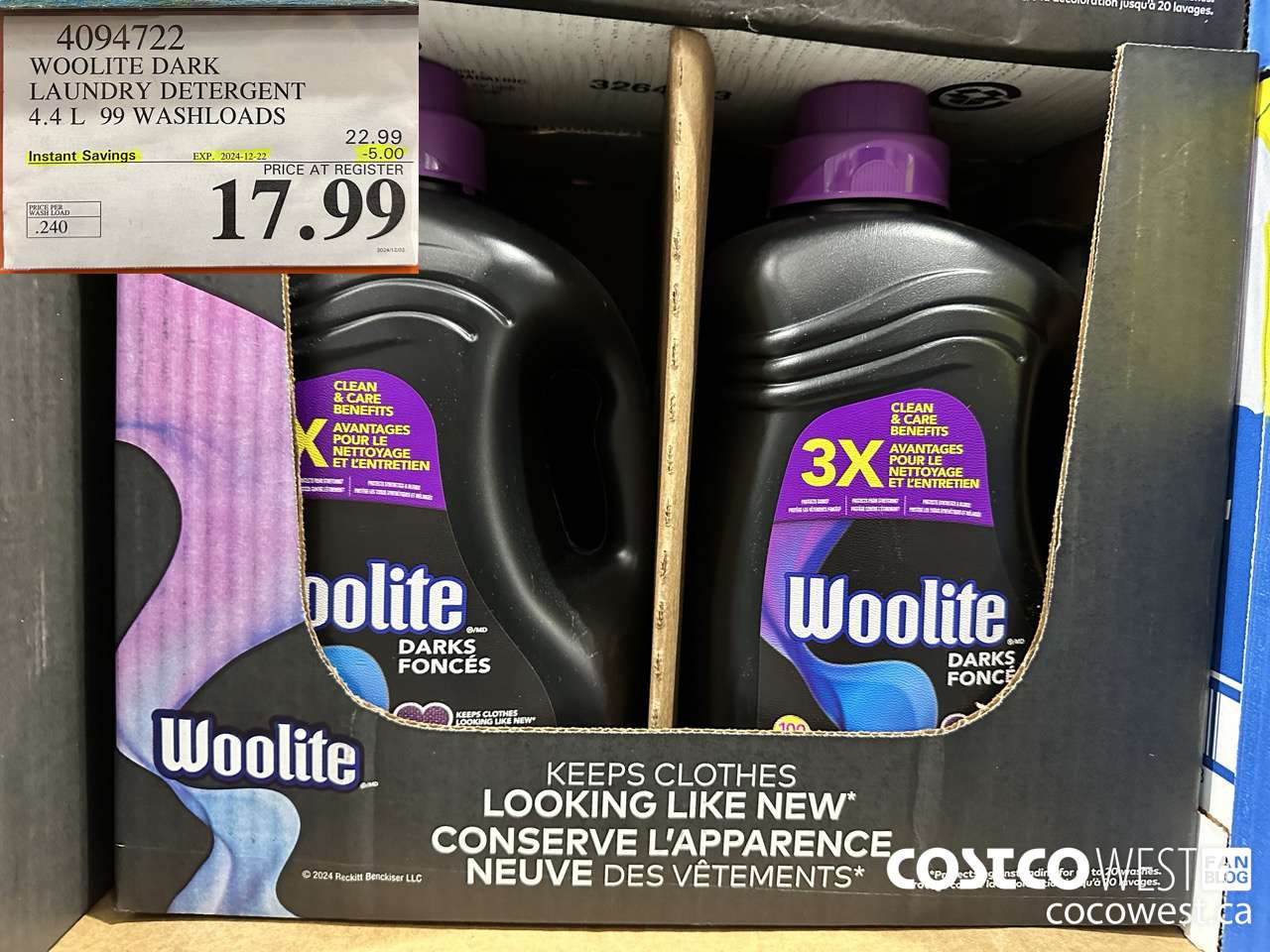 4094722 WOOLITE DARK LAUNDRY DETERGENT 4.4L 99 WASHLOADS ($5.00 INSTANT SAVINGS EXPIRES ON 2024-12-22) $17.99