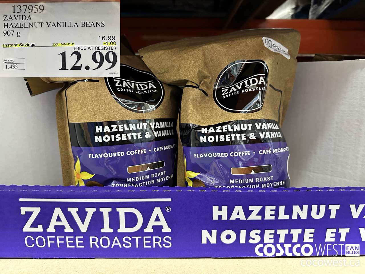 137959 ZAVIDA HAZELNUT VANILLA BEANS 907 g ($4.00 INSTANT SAVINGS EXPIRES ON 2024-12-22) $12.99