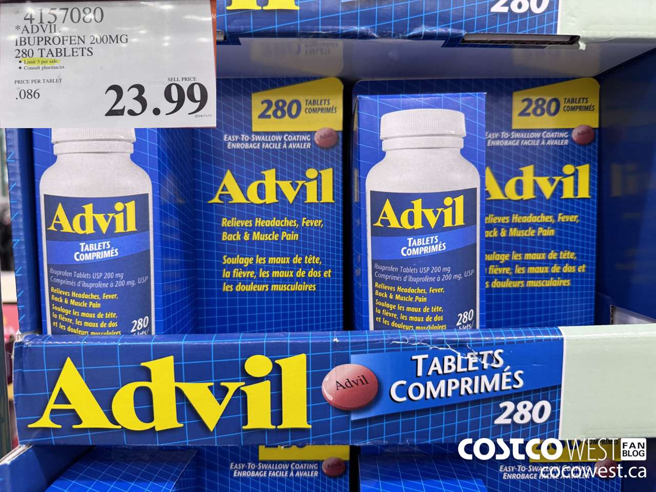 4157080 ADVIL 280 TABLETS IBUPROFEN 200MG $23.99