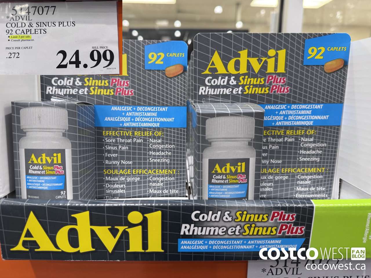 5147077 ADVIL COLD & SINUS PLUS 92 CAPLETS $24.99