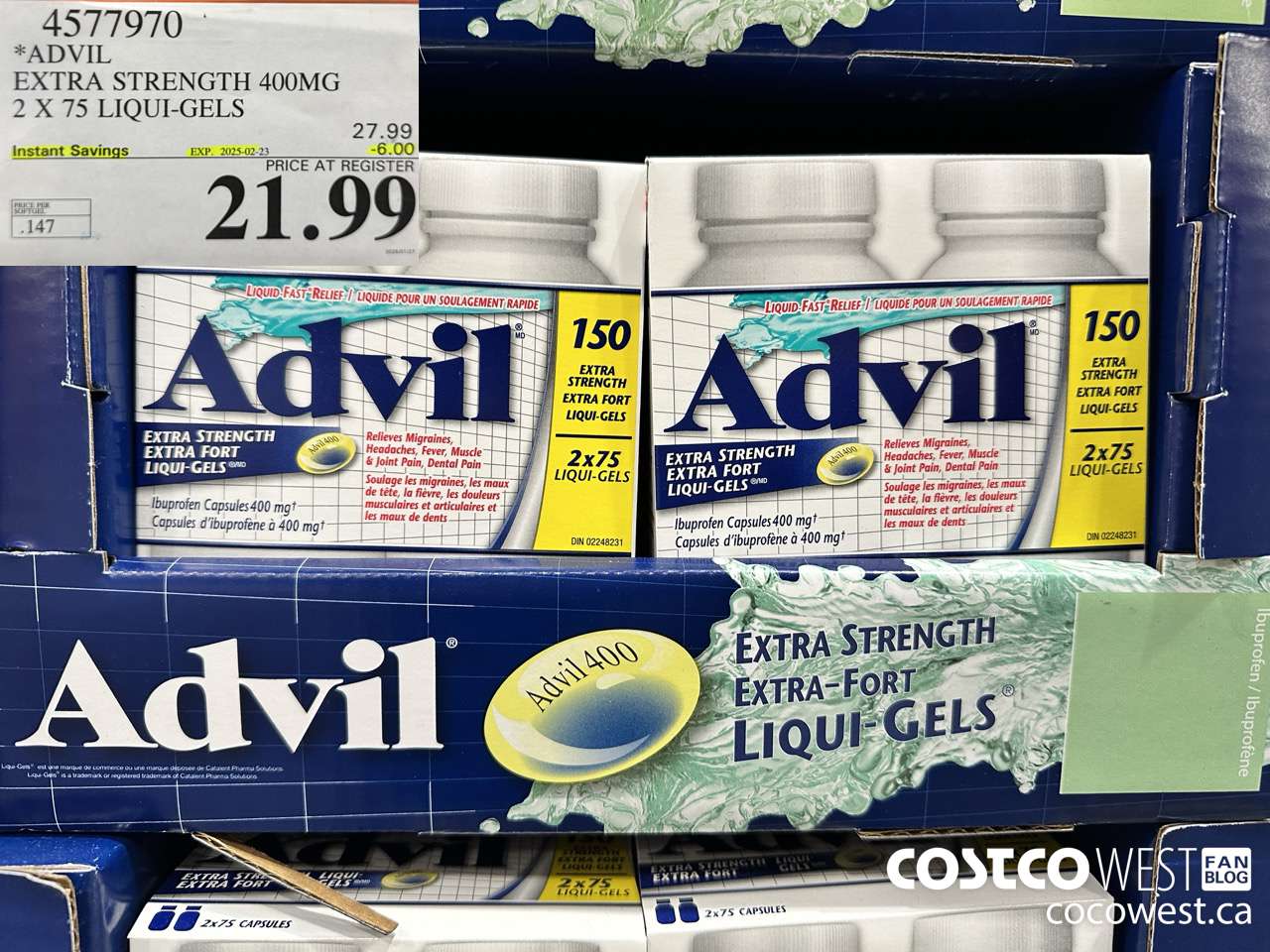 4577970 ADVIL EXTRA STRENGTH 400MG 2 X 75 LIQUI-GELS ($6.00 INSTANT SAVINGS EXPIRES ON 2025-02-23) $21.99