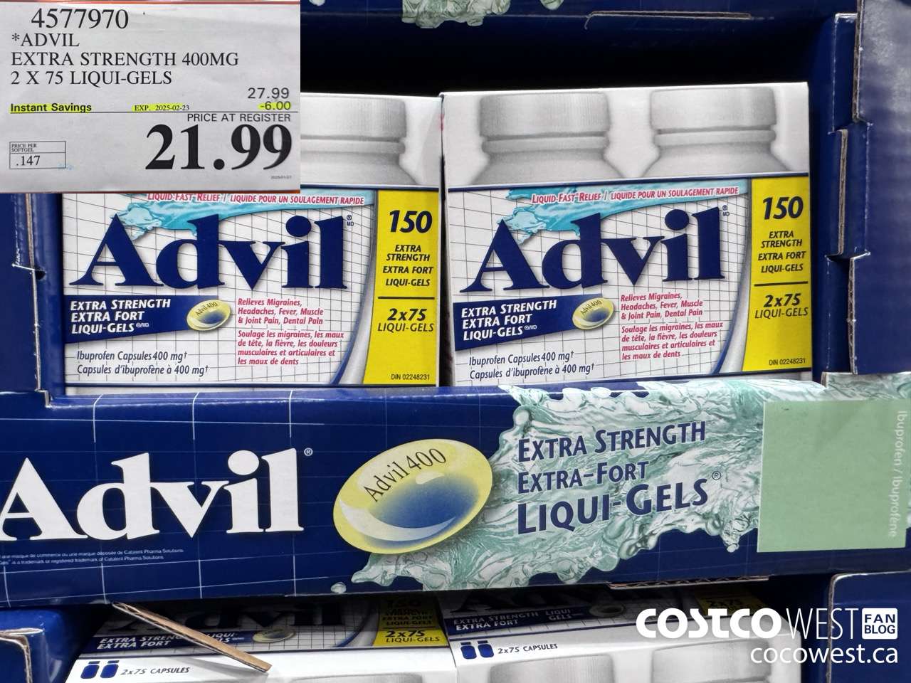 4577970 ADVIL EXTRA STRENGTH 400MG 2 X 75 LIQUI-GELS ($6.00 INSTANT SAVINGS EXPIRES ON 2025-02-23) $21.99