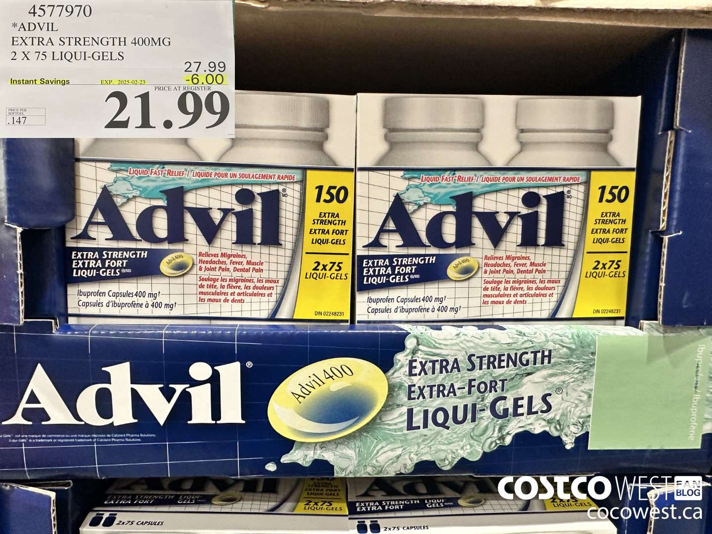 4577970 ADVIL EXTRA STRENGTH 400MG 2 X 75 LIQUI-GELS ($6.00 INSTANT SAVINGS EXPIRES ON 2025-02-23) $21.99