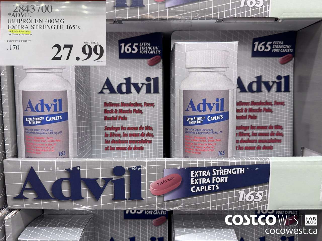2843700 ADVIL IBUPROFEN 400MG EXTRA STRENGTH 165'S $27.99