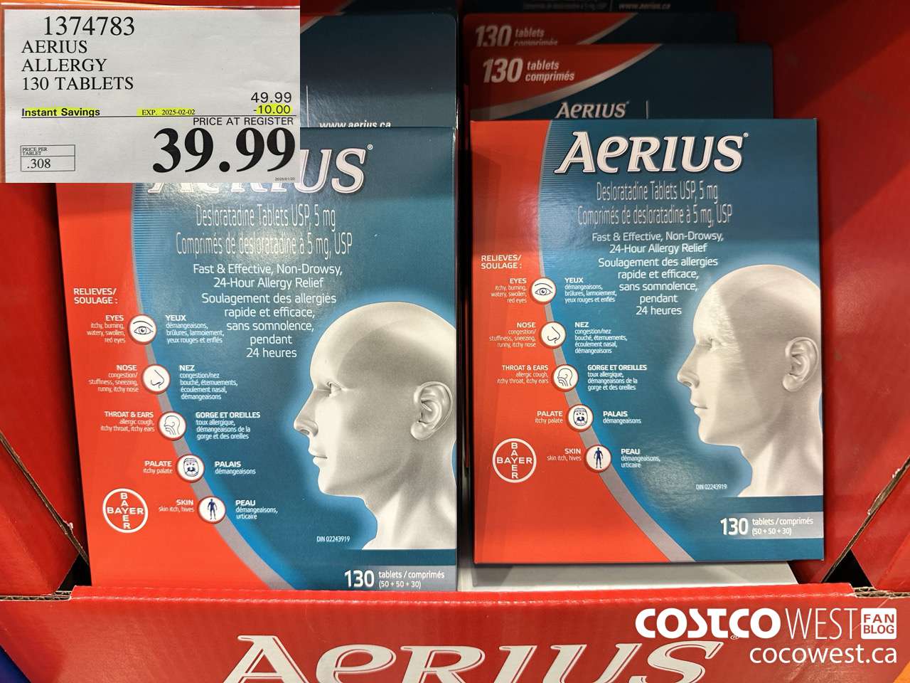 1374783 AERIUS ALLERGY 130 TABLETS ($10.00 INSTANT SAVINGS EXPIRES ON 2025-02-02) $39.99
