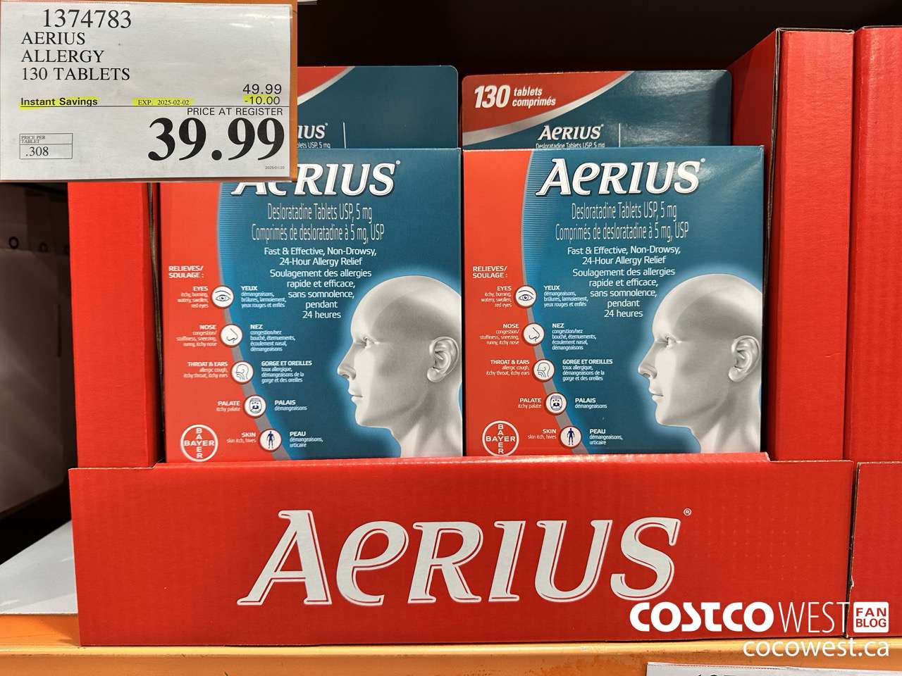 1374783 AERIUS ALLERGY 130 TABLETS ($10.00 INSTANT SAVINGS EXPIRES ON 2025-02-02) $39.99