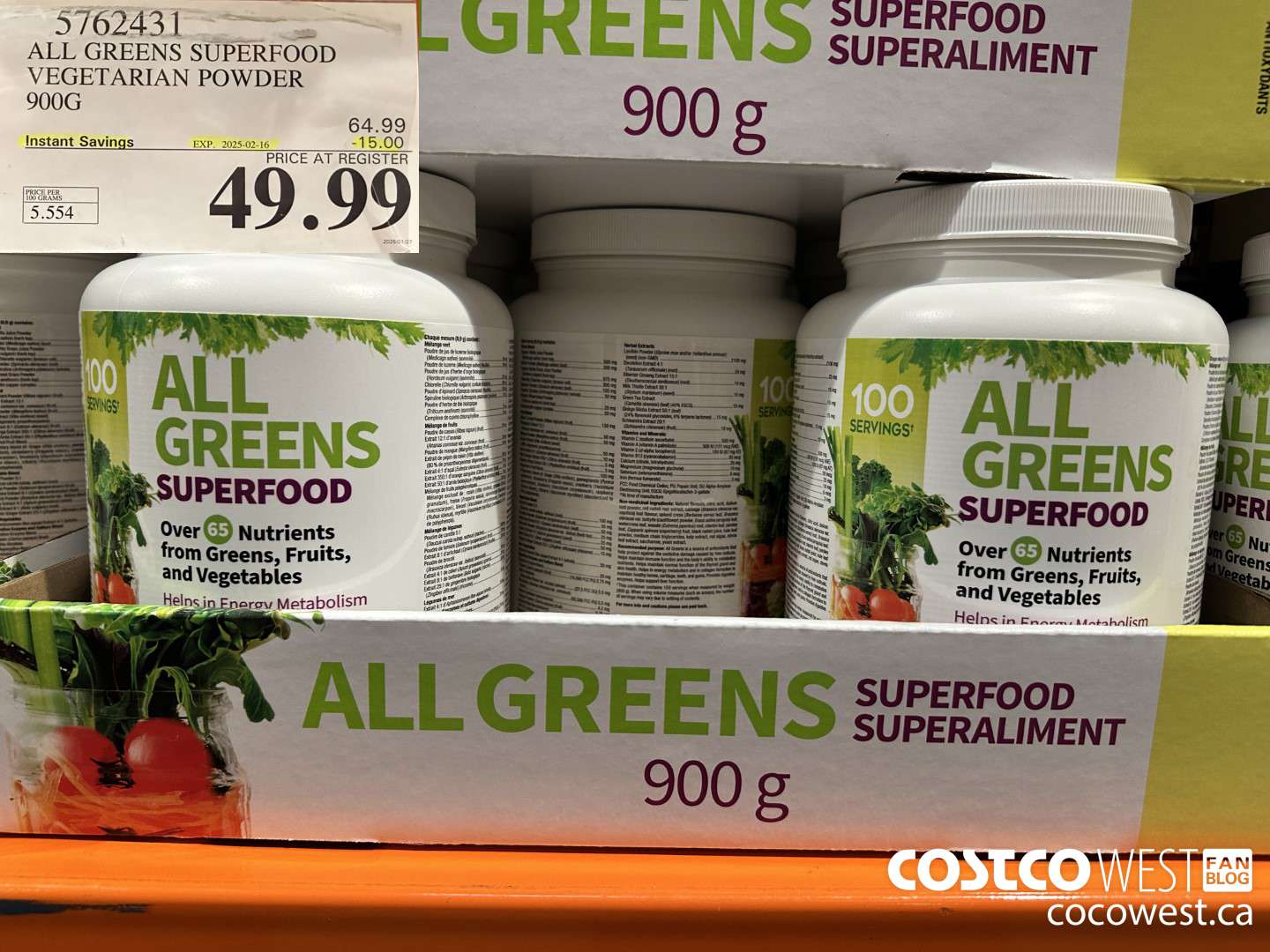 5762431 ALL GREENS SUPERFOOD VEGETERIAN POWDER 900G GLUTEN FREE ($15.00 INSTANT SAVINGS EXPIRES ON 2025-02-16) $49.99