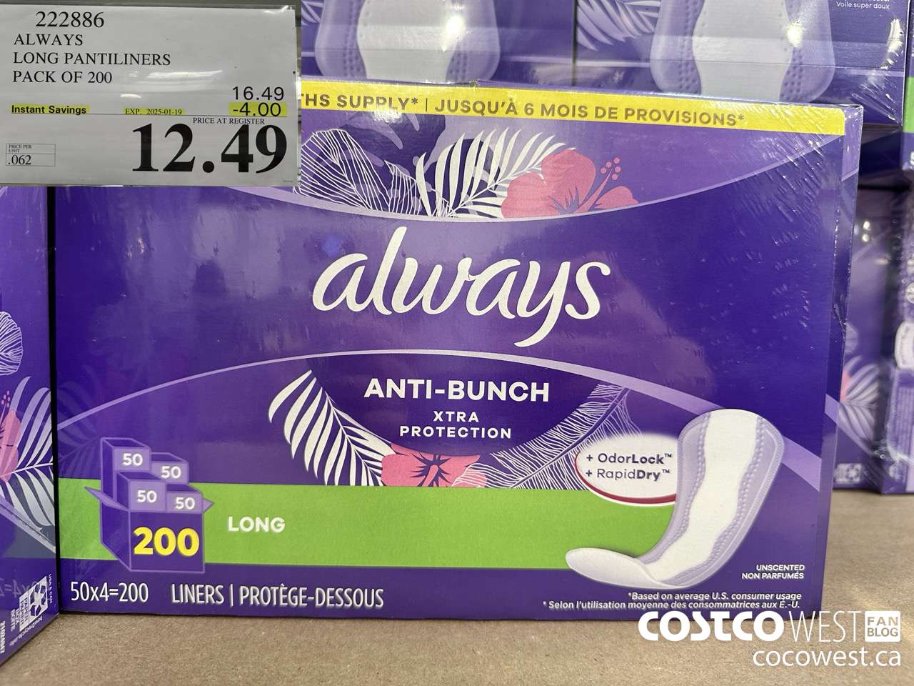 222886 ALWAYS DRI-LINERS LONG PANTILINERS PACK OF 200 ($4.00 INSTANT SAVINGS EXPIRES ON 2025-01-19) $12.49