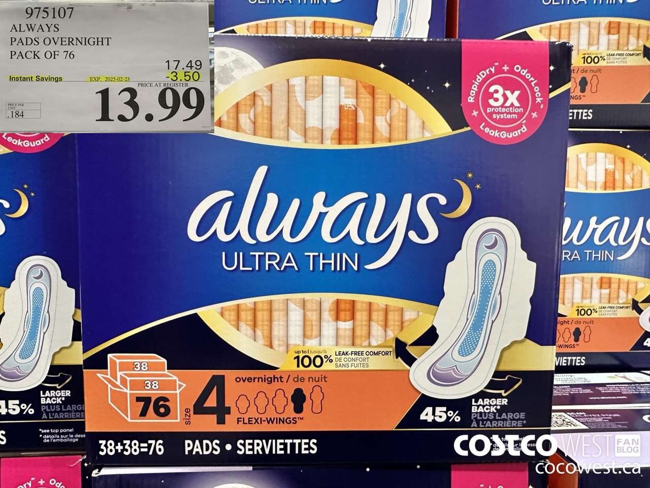 975107 ALWAYS ULTRA THIN PADS OVERNIGHT BOX OF 76 ($3.50 INSTANT SAVINGS EXPIRES ON 2025-02-23) $13.99