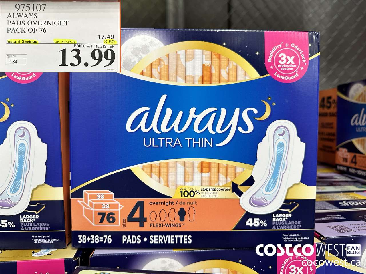975107 ALWAYS ULTRA THIN PADS OVERNIGHT BOX OF 76 ($3.50 INSTANT SAVINGS EXPIRES ON 2025-02-23) $13.99