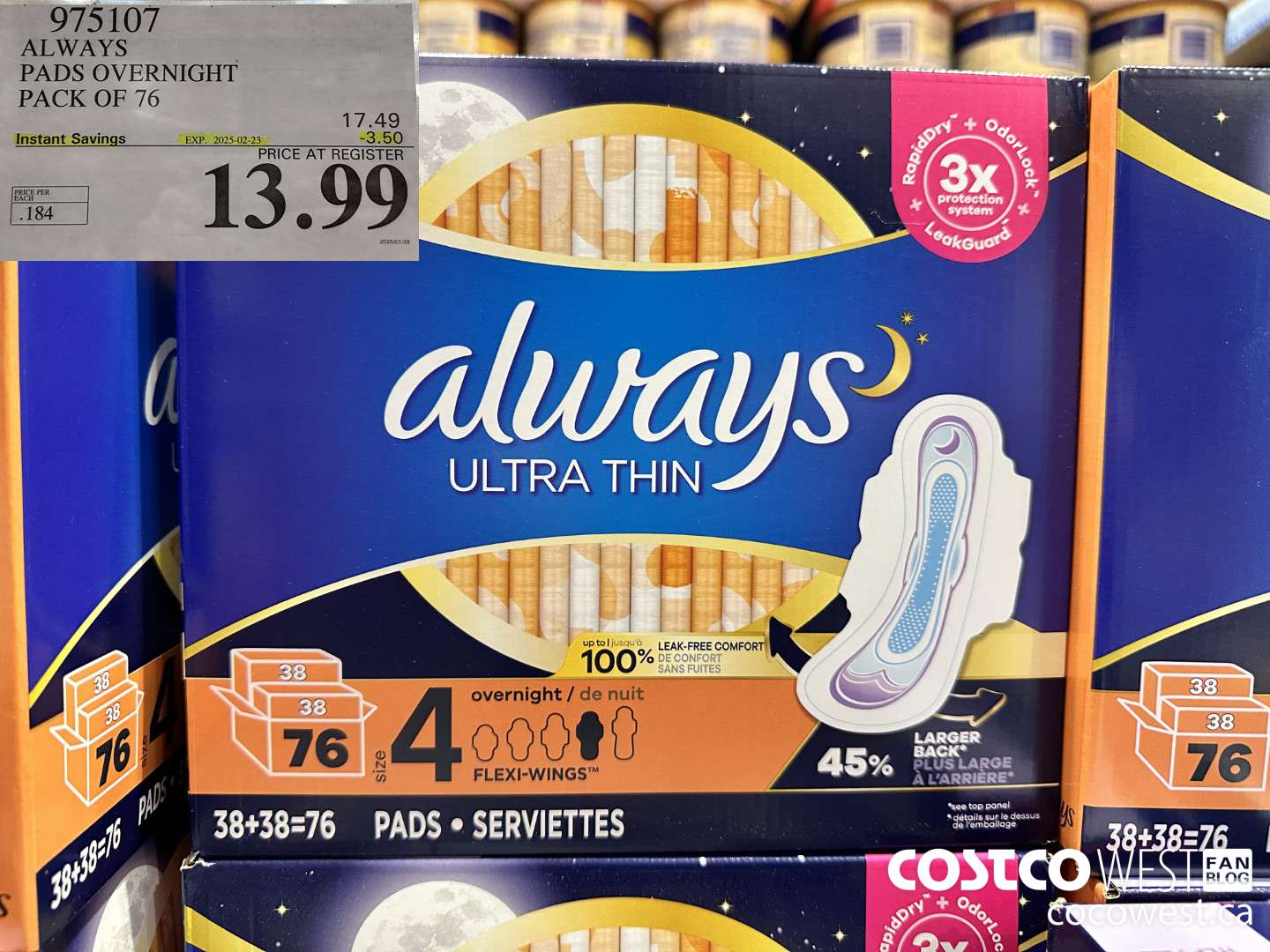 975107 ALWAYS ULTRA THIN PADS OVERNIGHT BOX OF 76 ($3.50 INSTANT SAVINGS EXPIRES ON 2025-02-23) $13.99