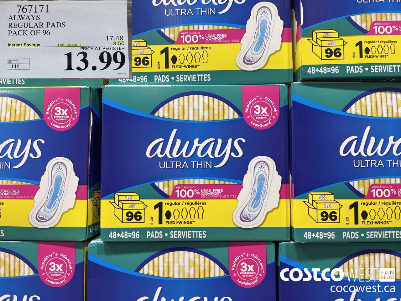 767171 ALWAYS ULTRA THIN PADS REGULAR 96CT ($3.50 INSTANT SAVINGS EXPIRES ON 2025-01-19) $13.99