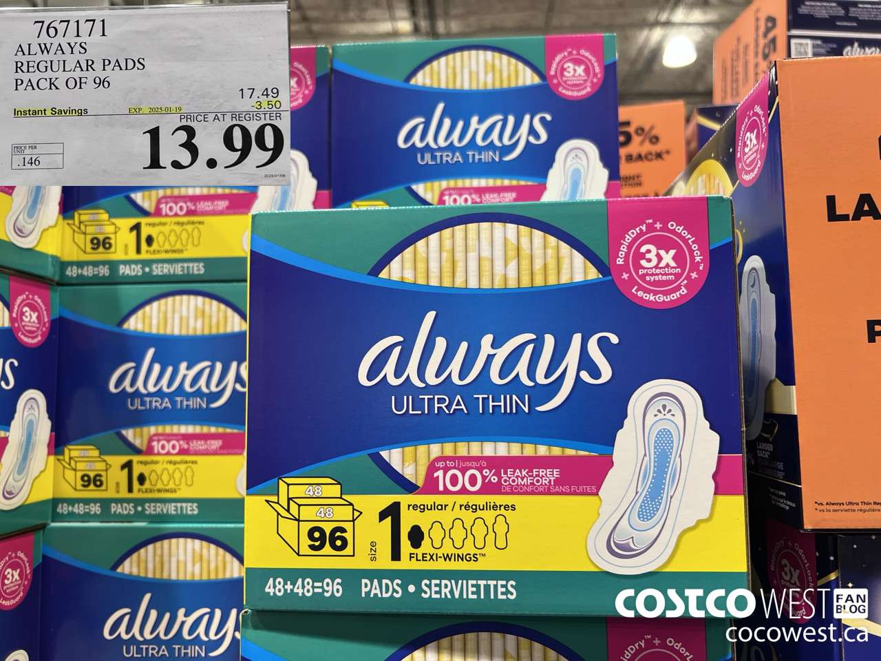 767171 ALWAYS ULTRA THIN PADS REGULAR 96CT ($3.50 INSTANT SAVINGS EXPIRES ON 2025-01-19) $13.99