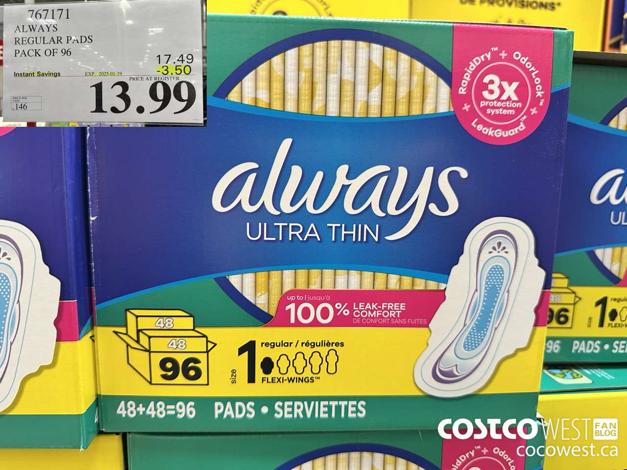 767171 ALWAYS ULTRA THIN PADS REGULAR 96CT ($3.50 INSTANT SAVINGS EXPIRES ON 2025-01-19) $13.99