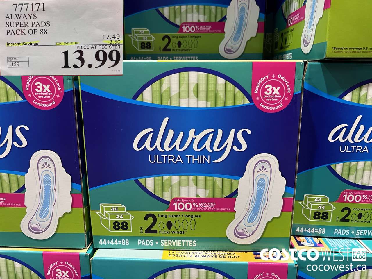 777171 ALWAYS ULTRA THIN PADS SUPER 88CT ($3.50 INSTANT SAVINGS EXPIRES ON 2025-01-19) $13.99