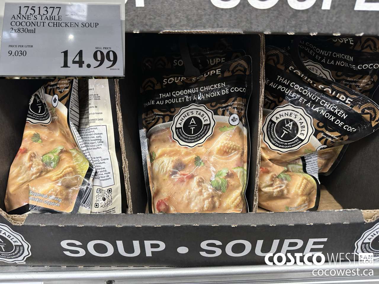 1751377 ANNE'S TABLE COCONUT CHICKEN SOUP 2X830ML $14.99