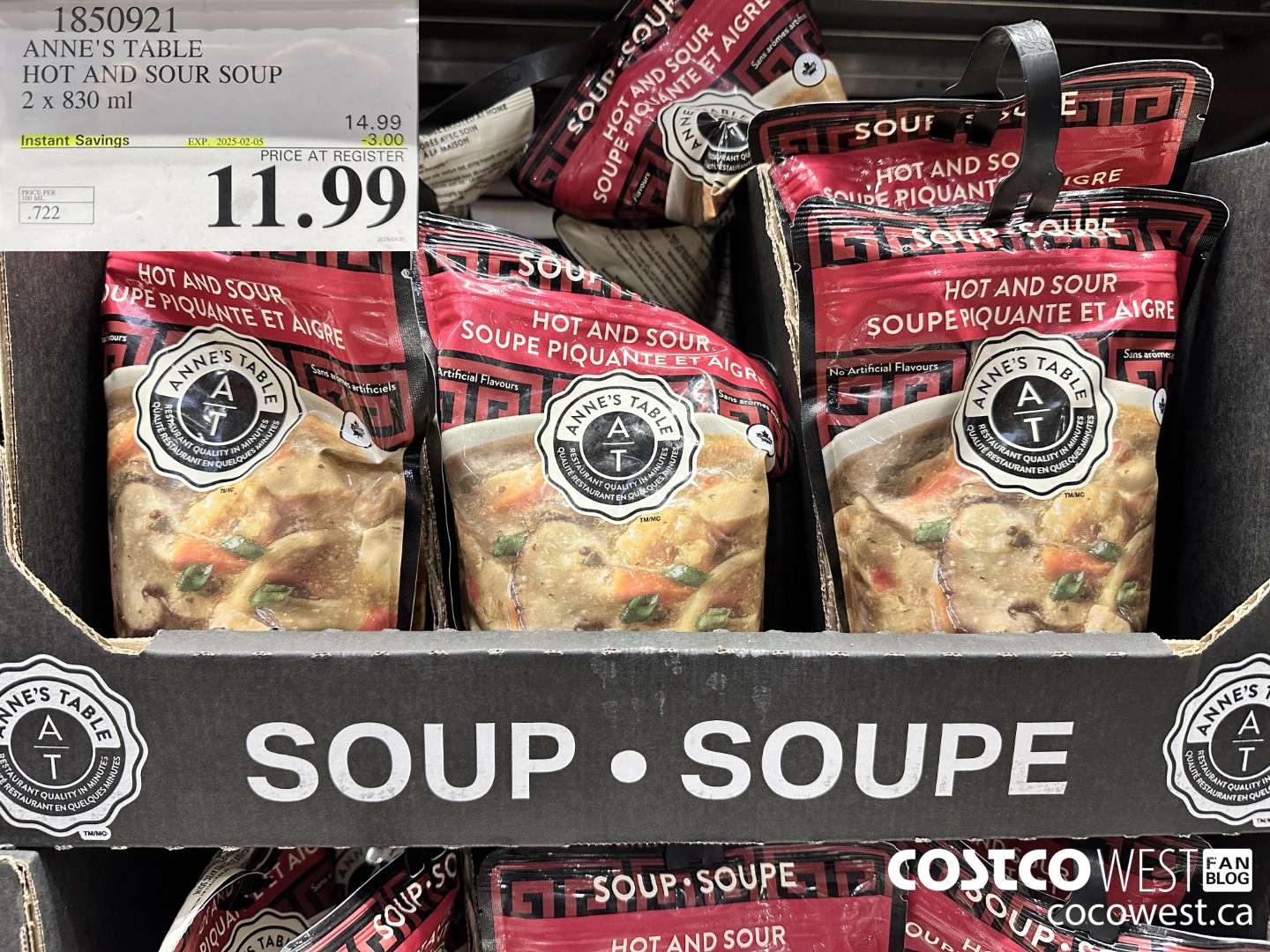 1850921 ANNE'S TABLE HOT AND SOUR SOUP 2 X 830ML ($3.00 INSTANT SAVINGS EXPIRES ON 2025-02-05) $11.99