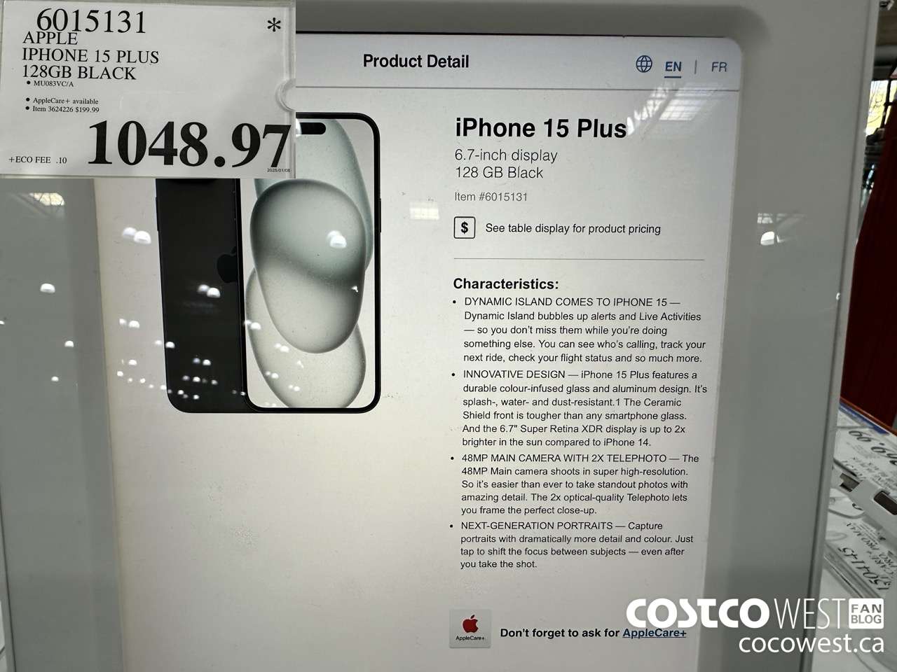 6015131 APPLE IPHONE 15 PLUS 128GB BLACK $1048.97