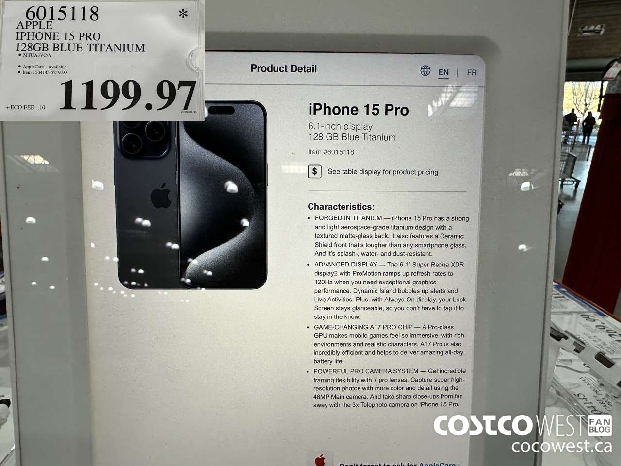 6015118 APPLE IPHONE 15 PRO 128 GB BLUE TITANIUM $1199.97