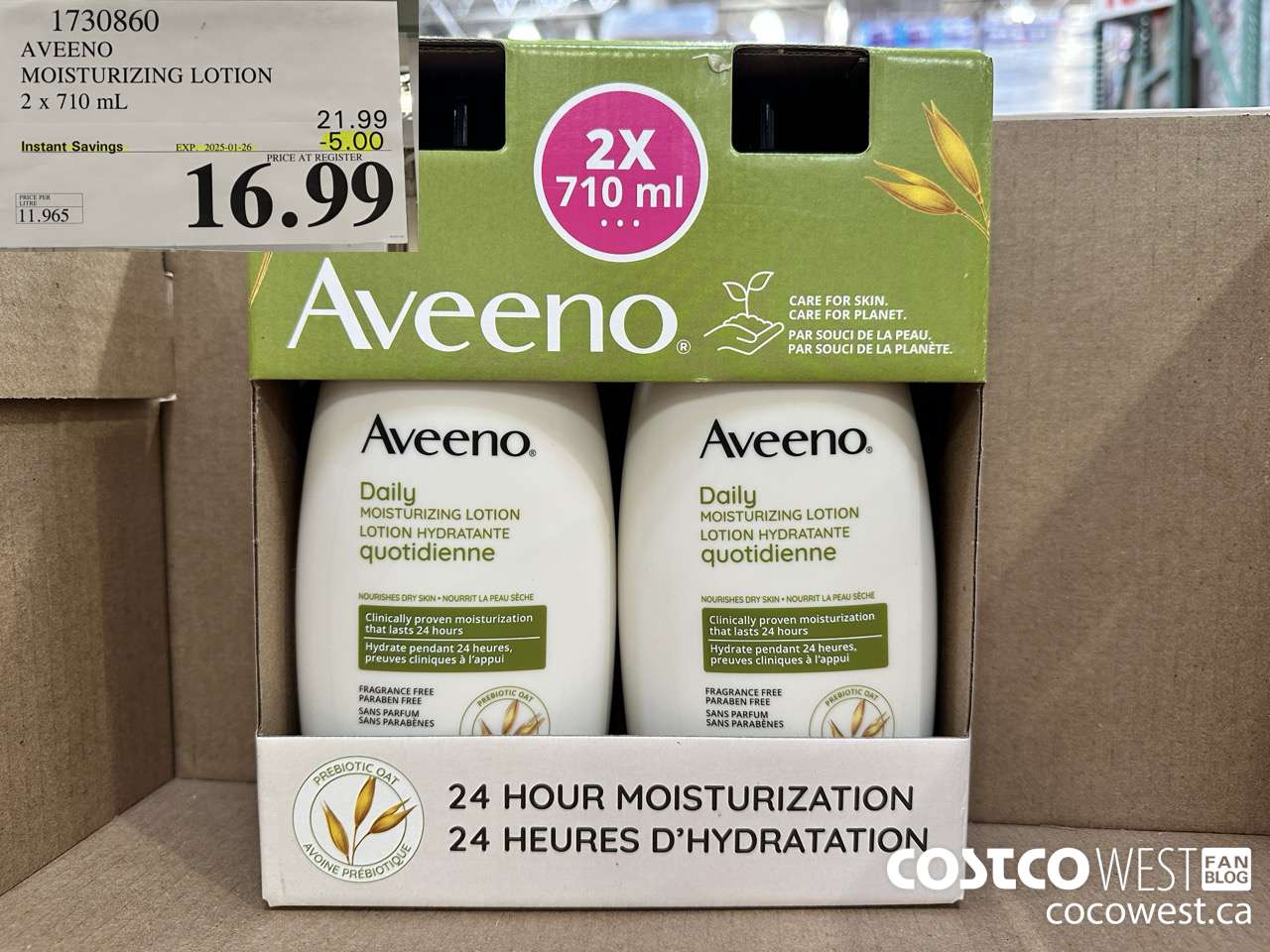 1730860 AVEENO MOISTURIZING LOTION 2 X 710ML ($5.00 INSTANT SAVINGS EXPIRES ON 2025-01-26) $16.99